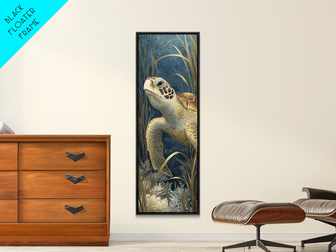 Sea Turtle over Coral Reef Framed Canvas Print, Wildlife Art, Canvas Painting, Living Room Decor, Oil Painting, Wild, WIL-1x3-30