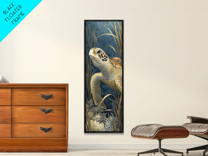 Sea Turtle over Coral Reef Framed Canvas Print, Wildlife Art, Canvas Painting, Living Room Decor, Oil Painting, Wild, WIL-1x3-30