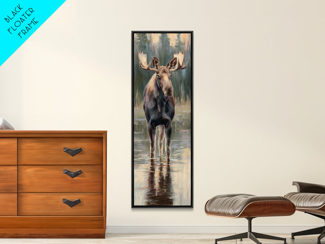 Moose Standing in Reflective Lake Framed Canvas Print, Wildlife Art, Wall Hangings, Living Room Decor, Watercolor Art, Wild, WIL-1x3-31