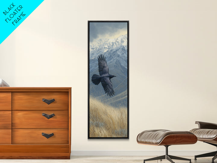 Raven Flying Through Snowy Mountains Framed Canvas Print, Wildlife Art, Living Room Decor, Watercolor Art, Wild, WIL-1x3-36