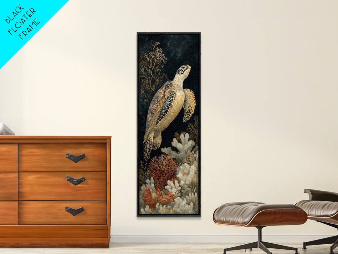 Sea Turtle over Coral Reef Framed Canvas Print, Wildlife Art, Canvas Painting, Living Room Decor, Oil Painting, Wild, WIL-1x3-54