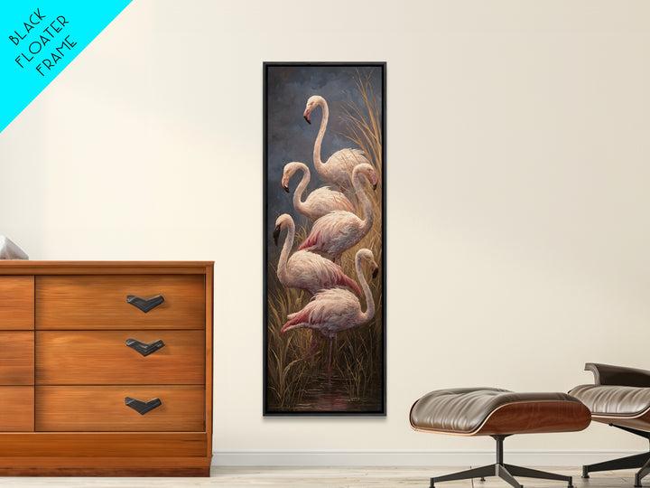 Flamingos in Pink Shallow Water Framed Canvas Print, Wildlife Art, Bird Wall Art, Living Room Decor, Watercolor Art, Wild, WIL-1x3-58