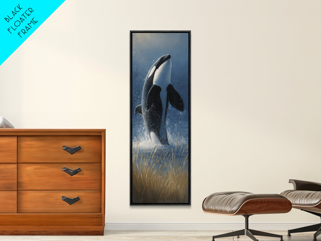 Orca Breaching in Cold Ocean Framed Canvas Print, Wildlife Art, Bird Art, Living Room Decor, Fine Art, Wild, Original Artwork, WIL-1x3-83