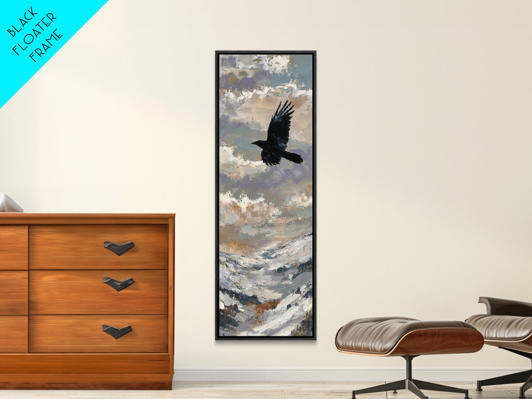 Raven Flying Through Snowy Mountains Framed Canvas Print, Wildlife Art, Original Art, Living Room Decor, Oil Painting, Wild, WIL-1x3-84