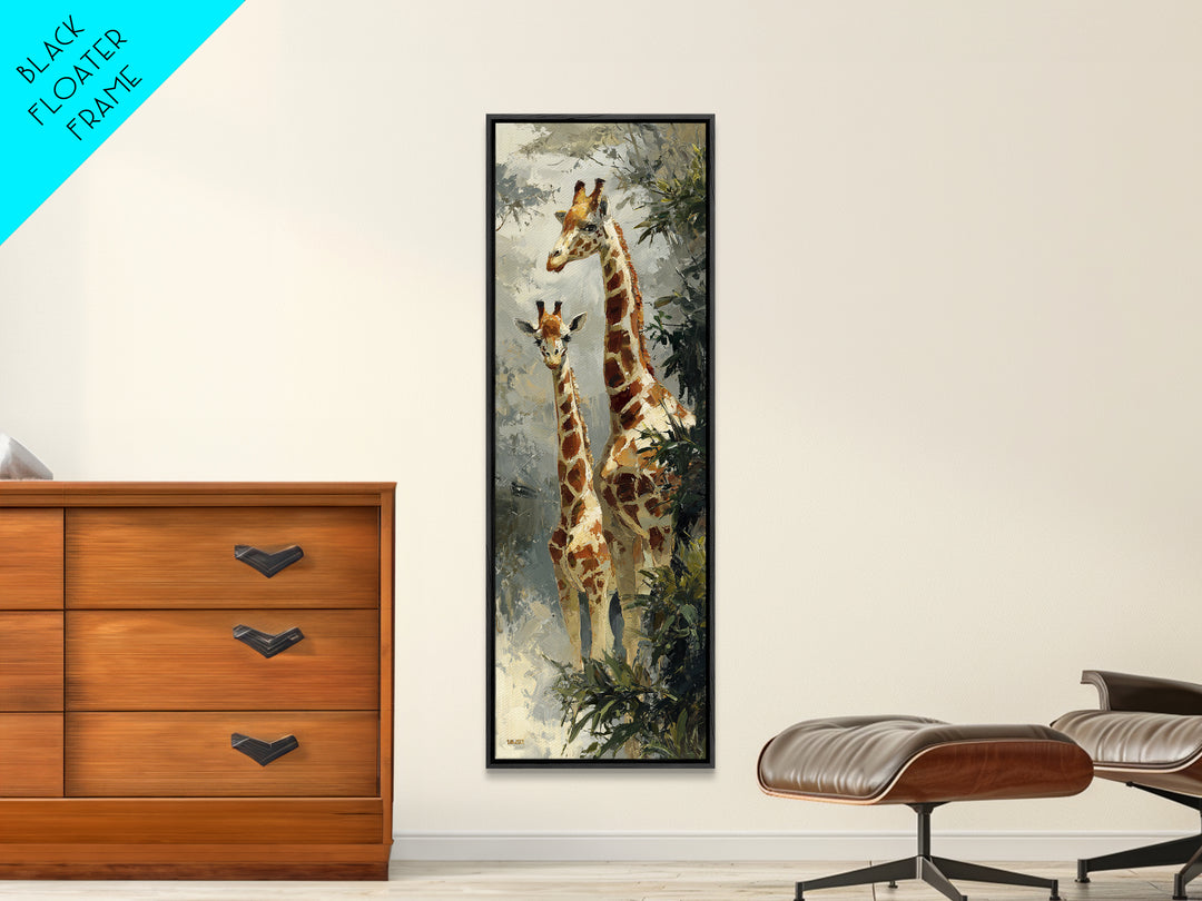 Giraffe Pair under Acacia Tree Framed Canvas Print, Wildlife Art, Bird Wall Art, Living Room Decor, Oil Painting, Wild, WIL-1x3-91