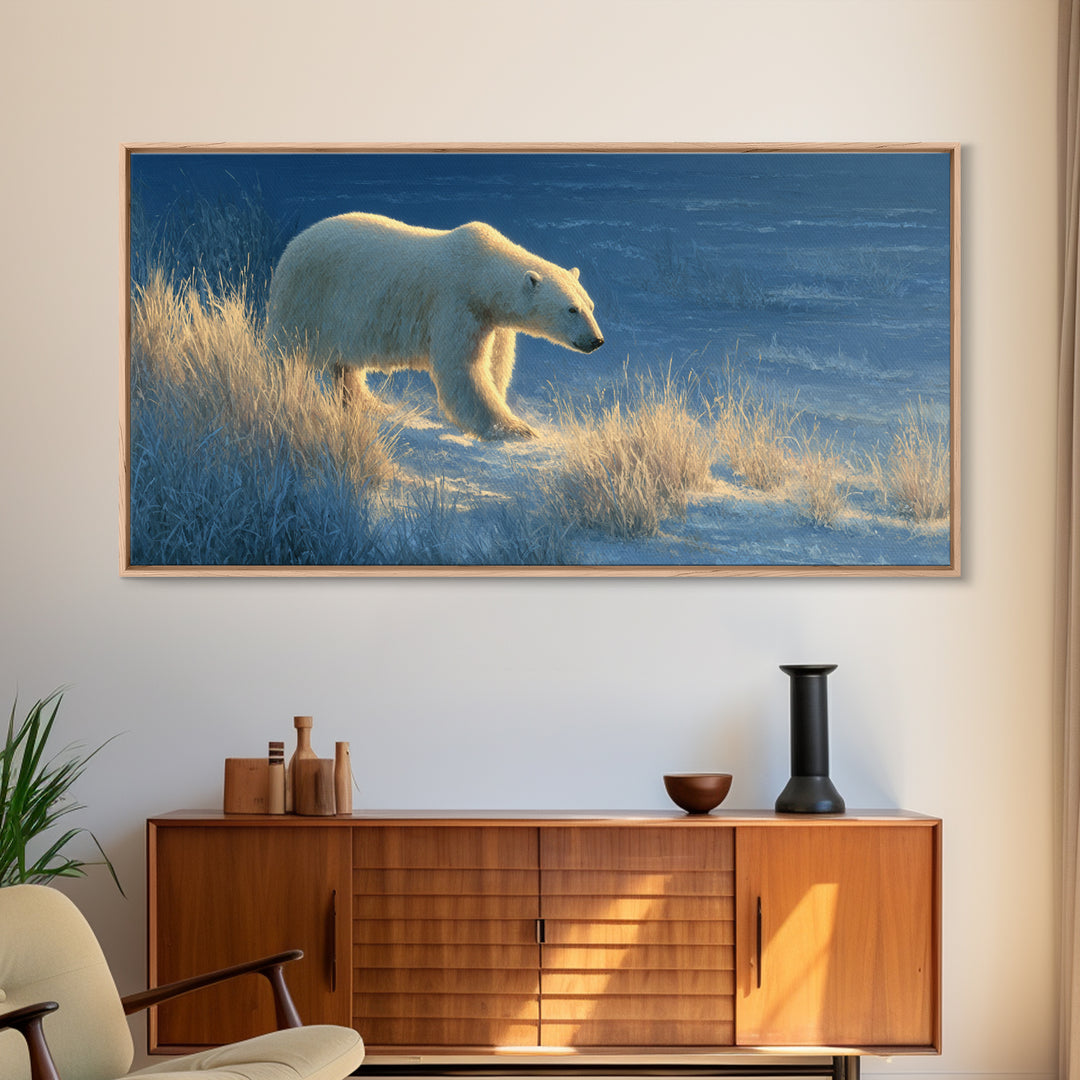 Polar Bear Crossing Blue Ice Framed Canvas Print, Wildlife Art, Bedroom Wall Art, Living Room Decor, Wild, Gallery Decor, WIL-2x1-11