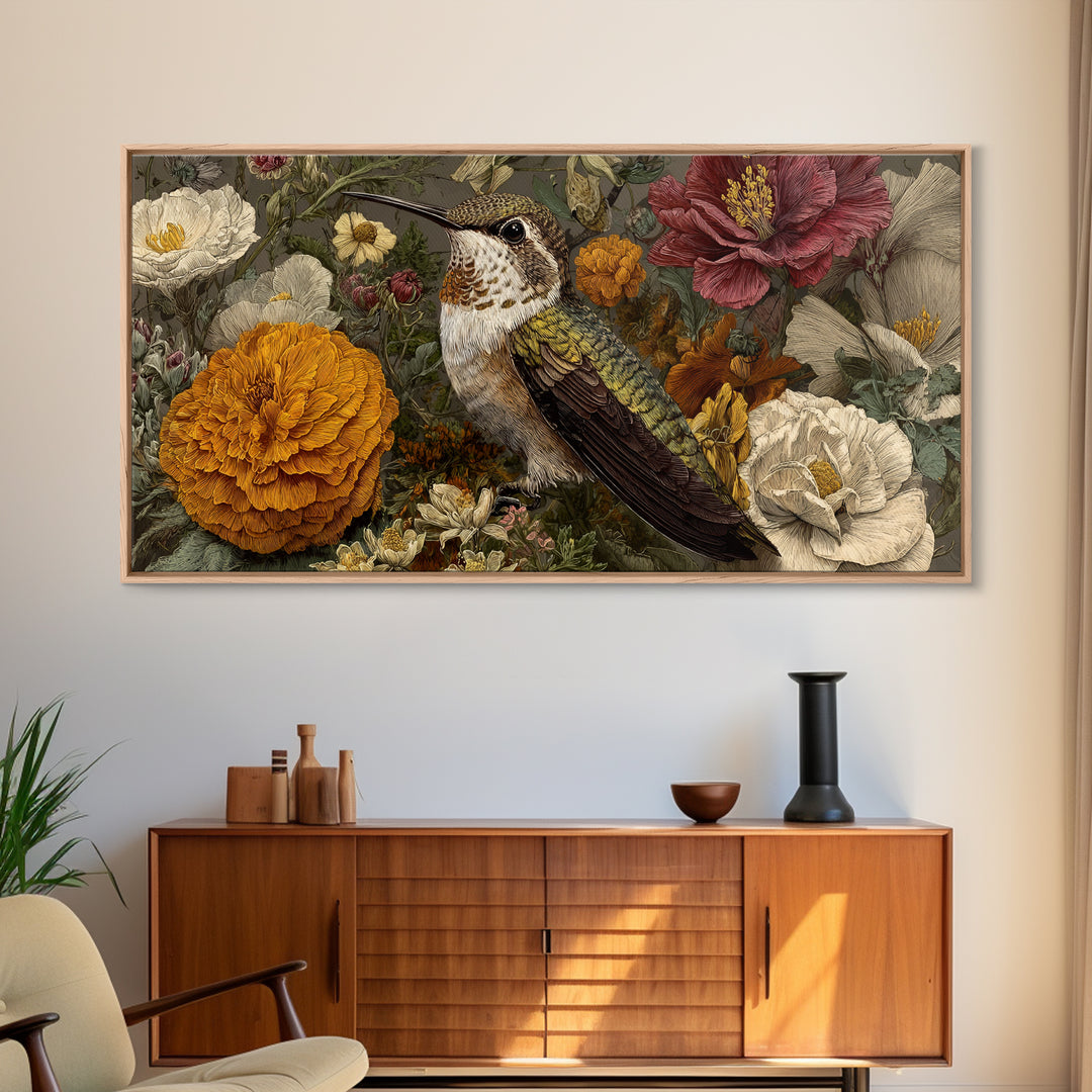 Hummingbird Beside Bright Flowers Framed Canvas Print, Wildlife Art, Art Print, Living Room Decor, Watercolor Art, Wild, WIL-2x1-12