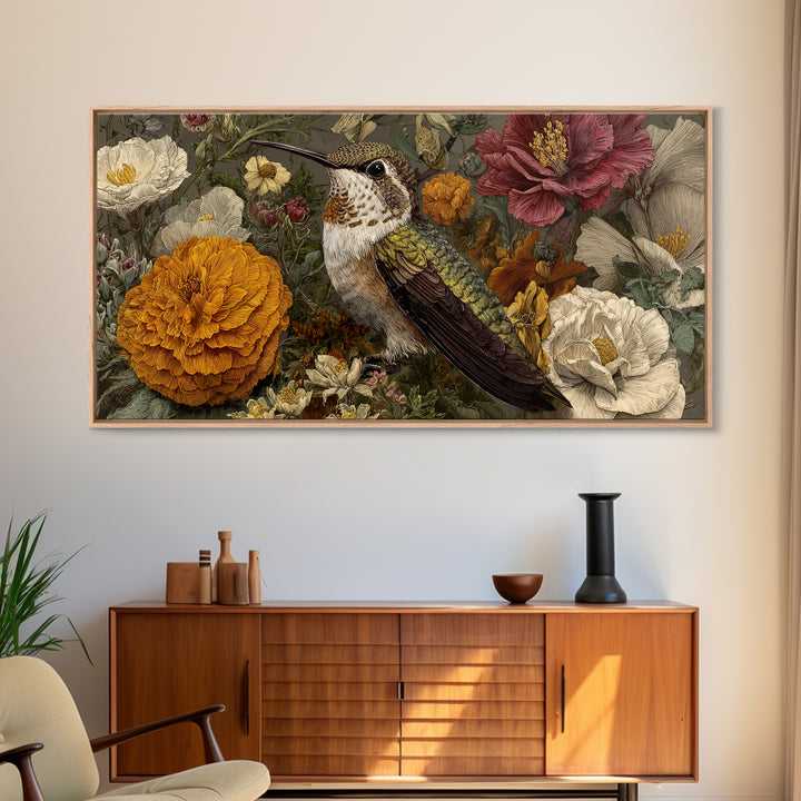 Hummingbird Beside Bright Flowers Framed Canvas Print, Wildlife Art, Art Print, Living Room Decor, Watercolor Art, Wild, WIL-2x1-12