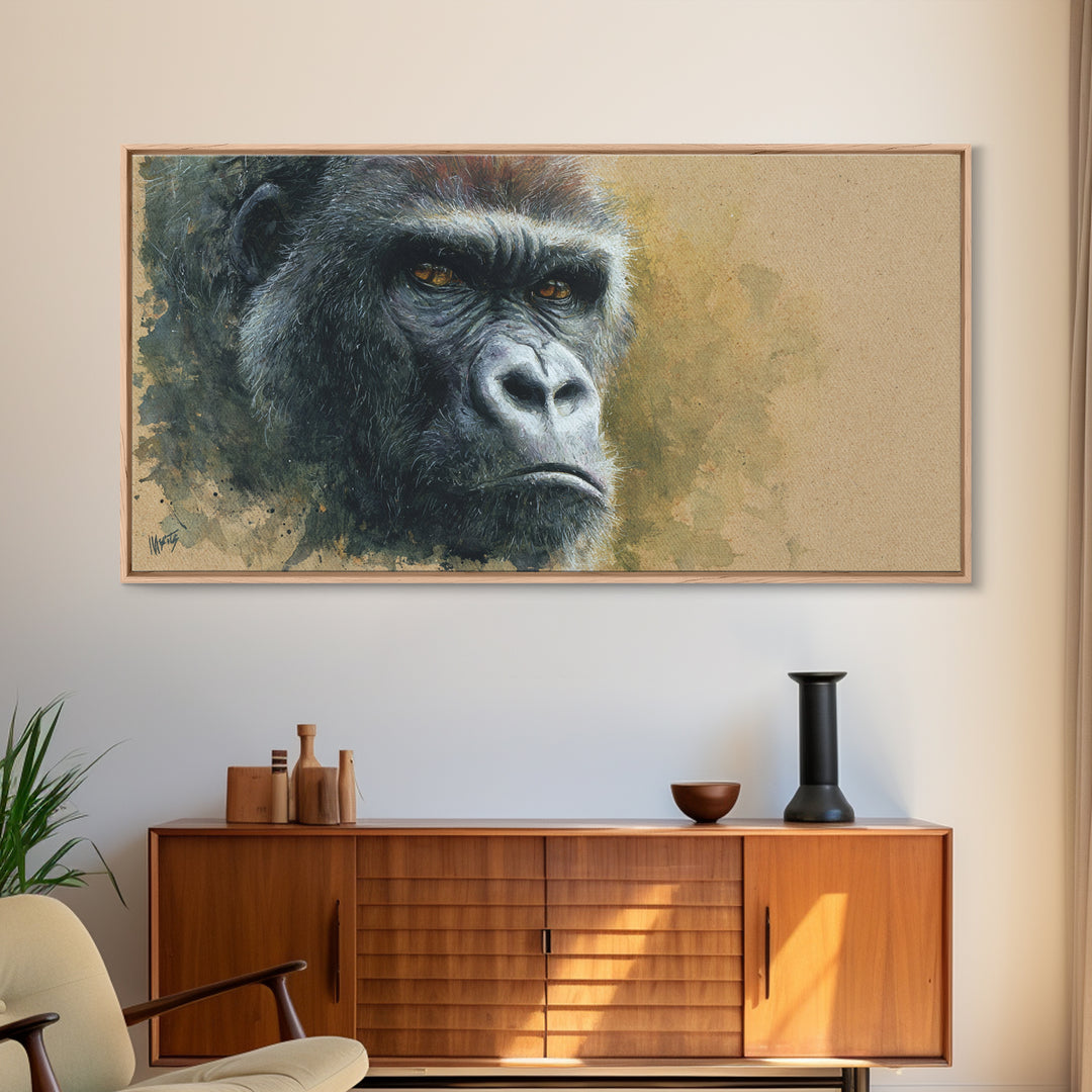 Gorilla Portrait with Powerful Gaze Framed Canvas Print, Wildlife Art, Minimalist Decor, Living Room Decor, Oil Painting, Wild, WIL-2x1-13