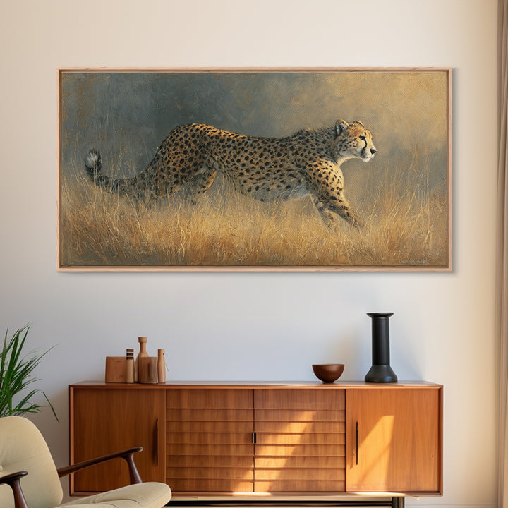 Cheetah Running Through Warm Dust Canvas Print, Wildlife Art, Contemporary Art, Living Room Decor, Wild, Wall Art Print, WIL-2x1-17