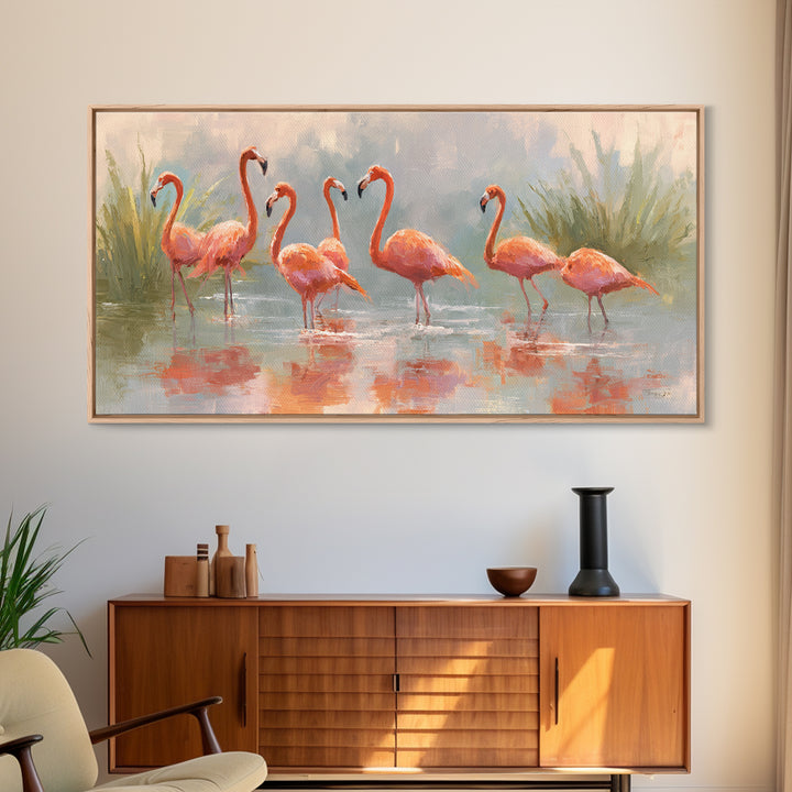 Flamingos in Pink Shallow Water Framed Canvas Print, Wildlife Art, Statement Artwork, Living Room Decor, Fine Art, Wild, WIL-2x1-18