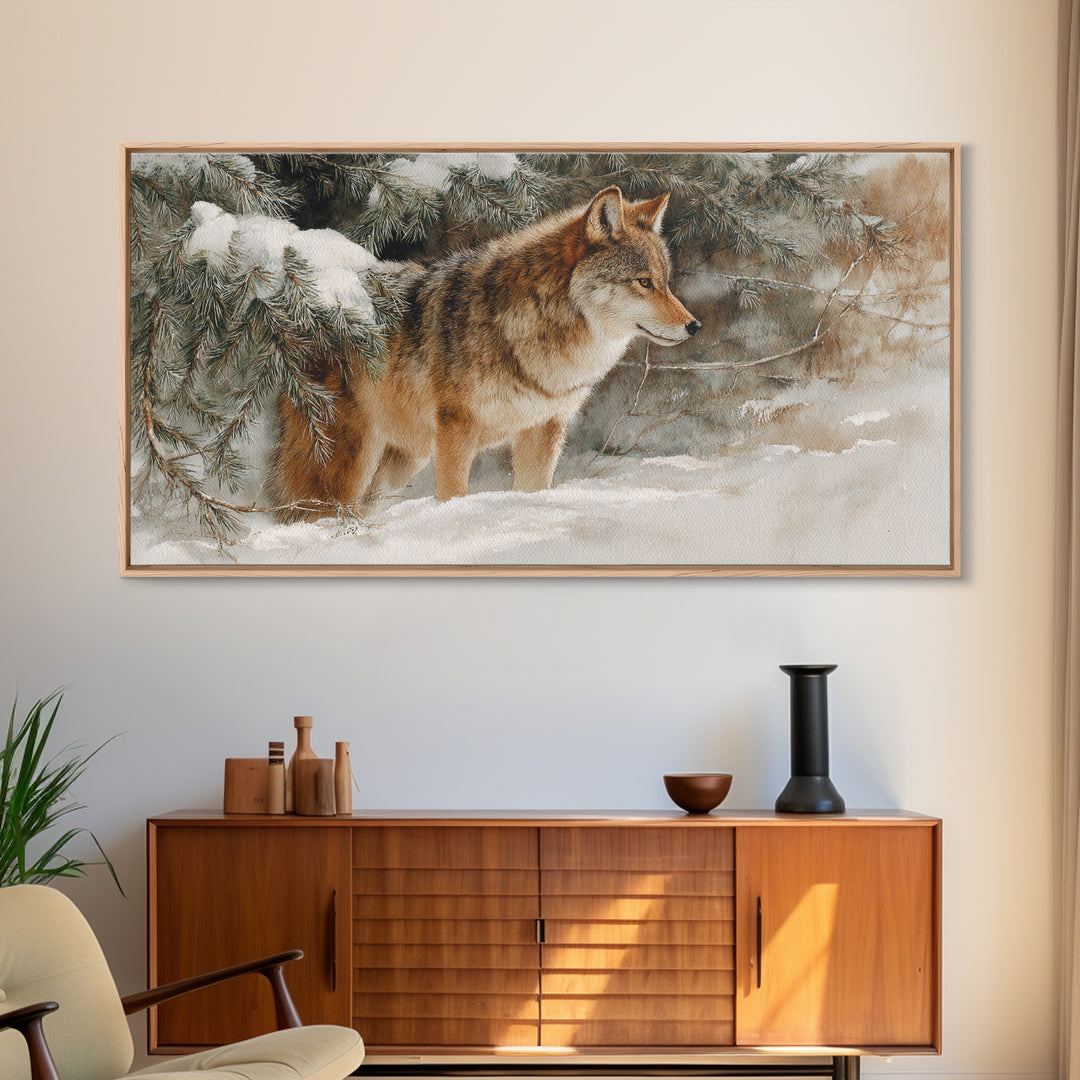 Wolf Standing Beneath Snowy Pine Trees Framed Canvas Print, Wildlife Art, Oil Painting, Living Room Decor, Watercolor Art, Wild, WIL-2x1-23