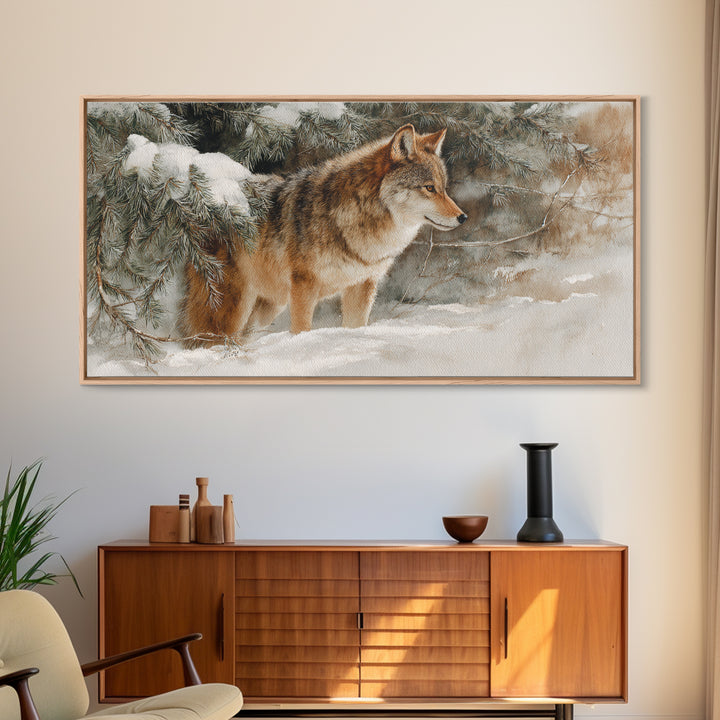 Wolf Standing Beneath Snowy Pine Trees Framed Canvas Print, Wildlife Art, Oil Painting, Living Room Decor, Watercolor Art, Wild, WIL-2x1-23
