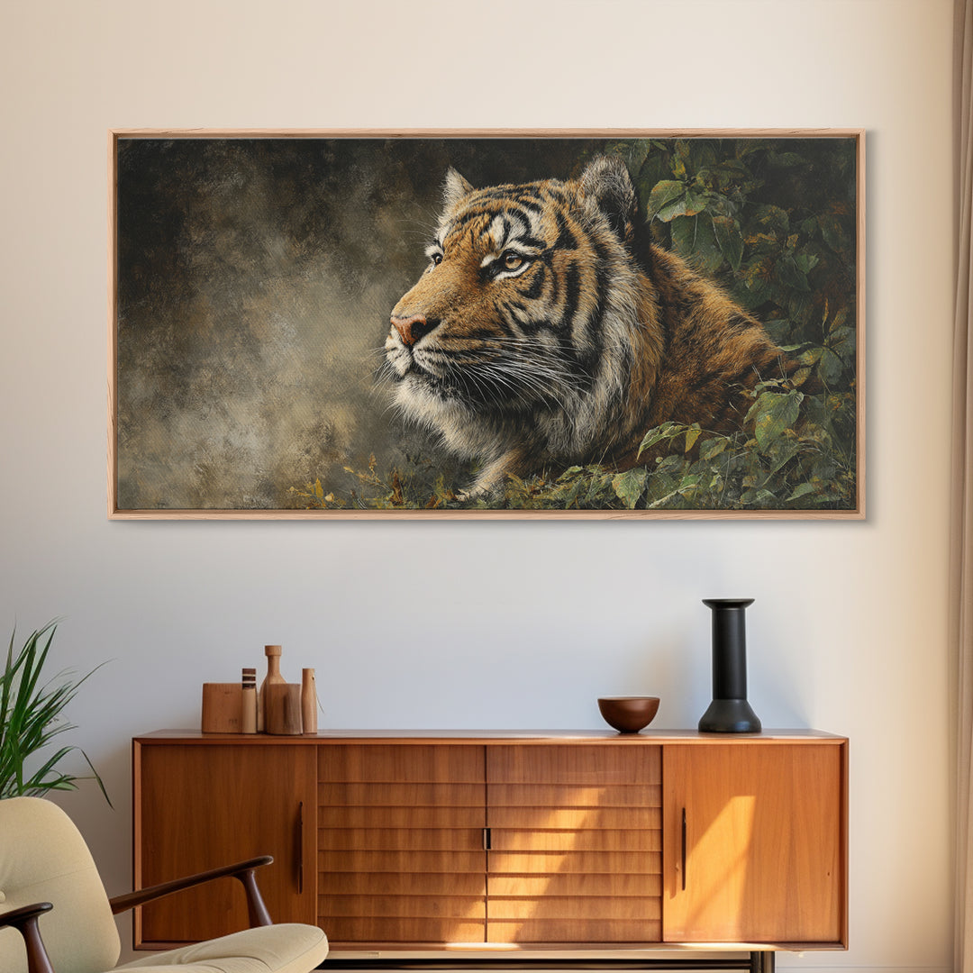 Tiger Portrait with Jungle Shadows Framed Canvas Print, Wildlife Art, Home Decor, Living Room Decor, Wild, Boho Wall Decor, WIL-2x1-25
