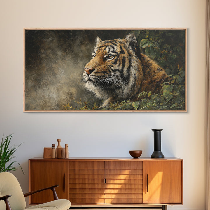 Tiger Portrait with Jungle Shadows Framed Canvas Print, Wildlife Art, Home Decor, Living Room Decor, Wild, Boho Wall Decor, WIL-2x1-25