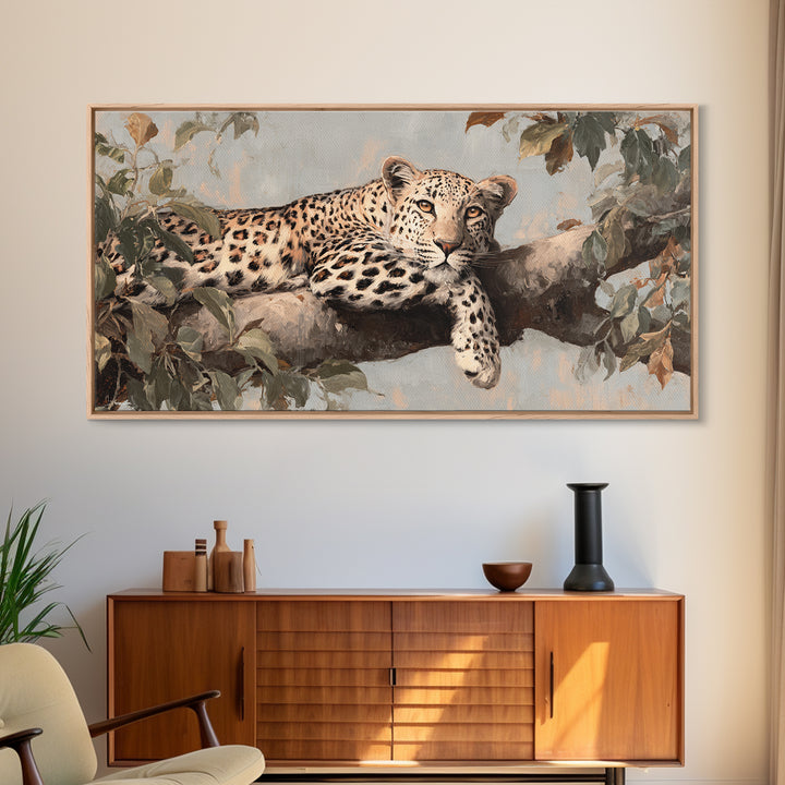 Leopard Resting on Tree Branch Framed Canvas Print, Wildlife Art, Art Print, Living Room Decor, Watercolor Art, Wild, WIL-2x1-34