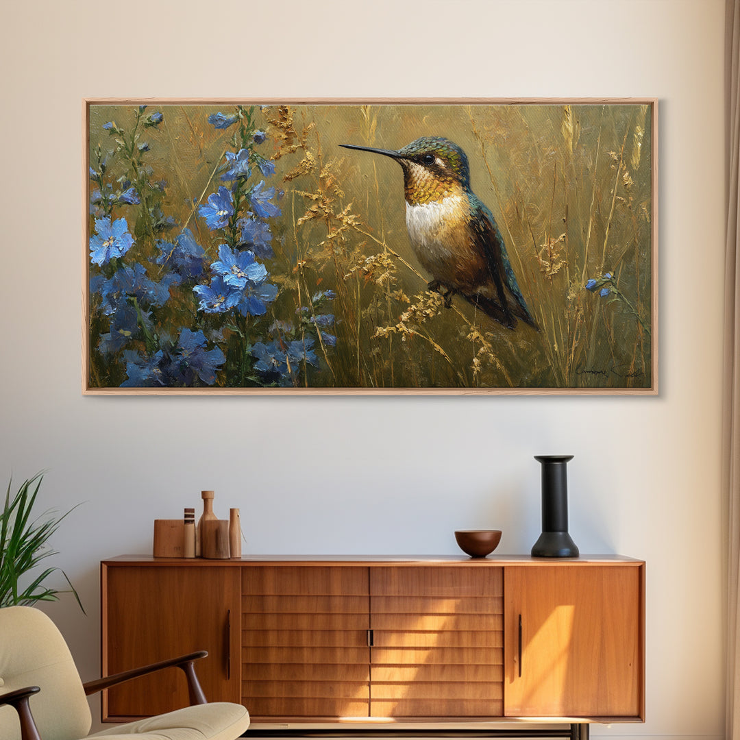 Hummingbird Beside Bright Flowers Canvas Print, Wildlife Art, Wall Art, Living Room Decor, Fine Art, Wild, Modern Wall Art, WIL-2x1-36