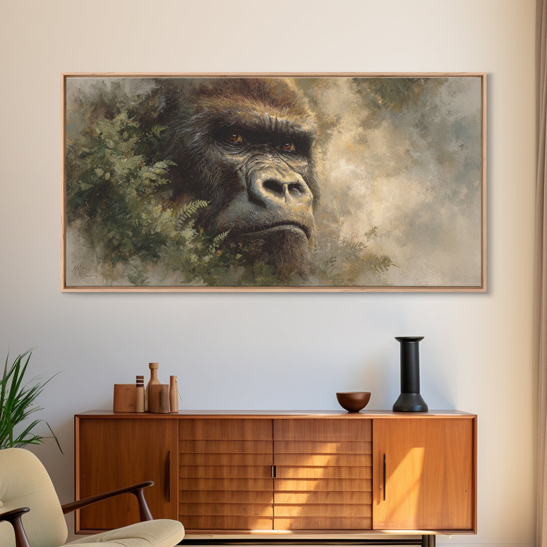 Gorilla Portrait with Powerful Gaze Framed Canvas Print, Wildlife Art, Minimalist Decor, Living Room Decor, Oil Painting, Wild, WIL-2x1-37