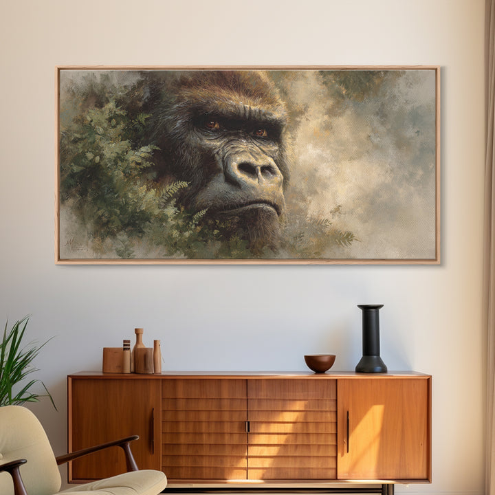 Gorilla Portrait with Powerful Gaze Framed Canvas Print, Wildlife Art, Minimalist Decor, Living Room Decor, Oil Painting, Wild, WIL-2x1-37