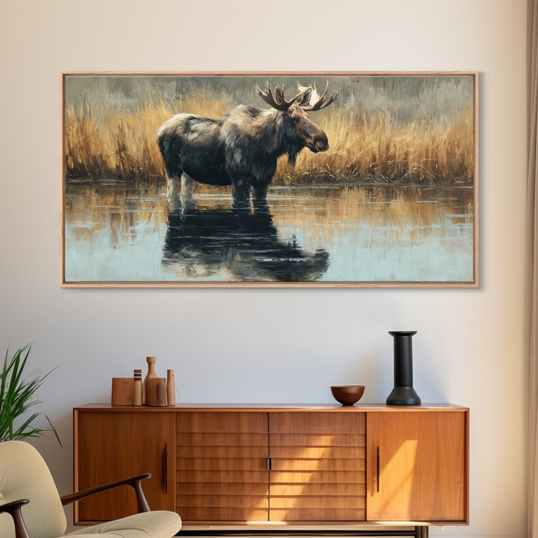 Moose Standing in Reflective Lake Canvas Print, Wildlife Art, Painting, Living Room Decor, Fine Art, Wild, Living Room Wall Art, WIL-2x1-39