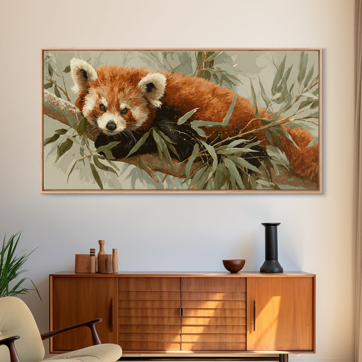 Red Panda Among Bamboo Leaves Framed Canvas Print, Wildlife Art, Home Decor, Living Room Decor, Fine Art, Wild, Boho Wall Decor, WIL-2x1-40