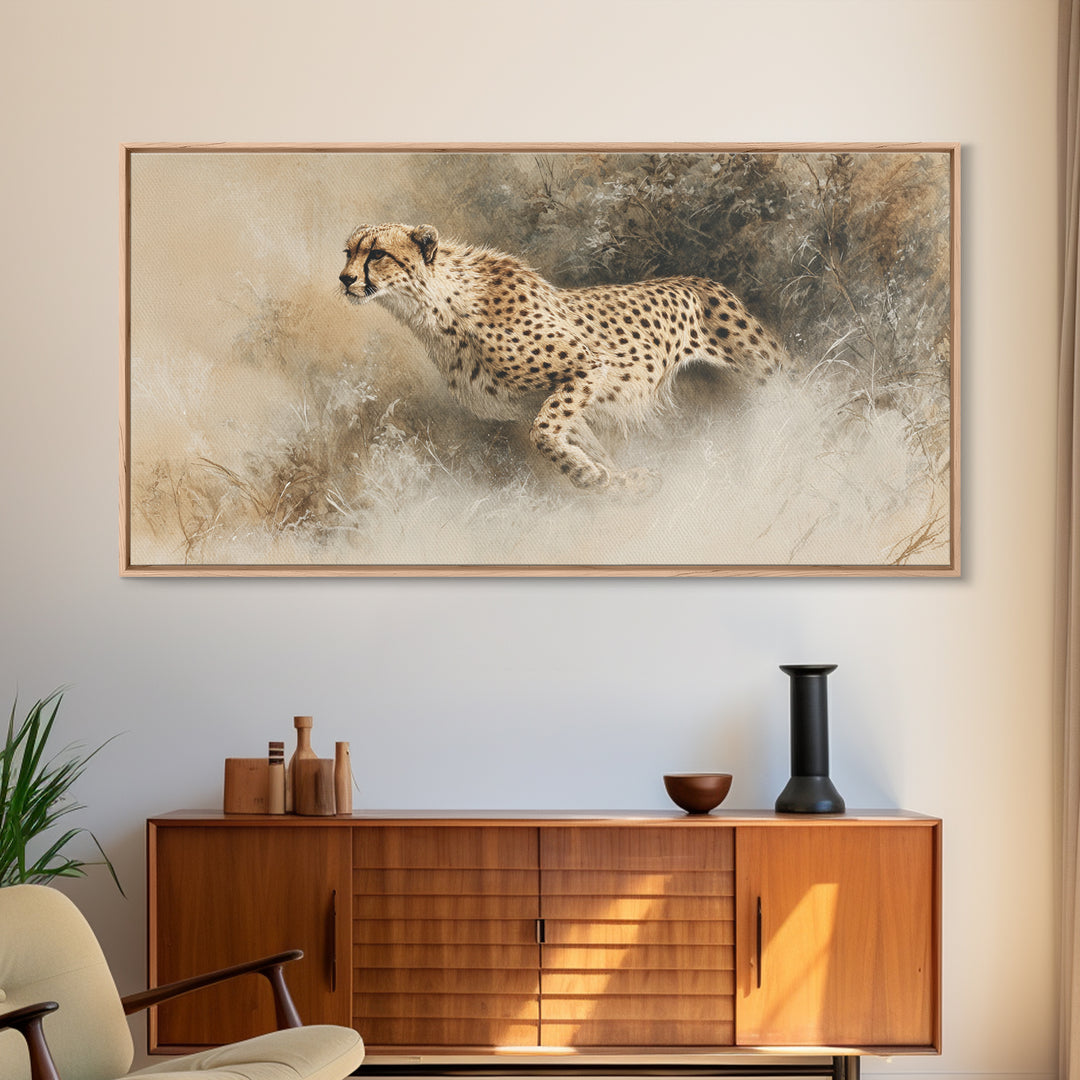 Cheetah Running Through Warm Dust Canvas Print, Wildlife Art, Contemporary Art, Living Room Decor, Wild, Wall Art Print, WIL-2x1-41