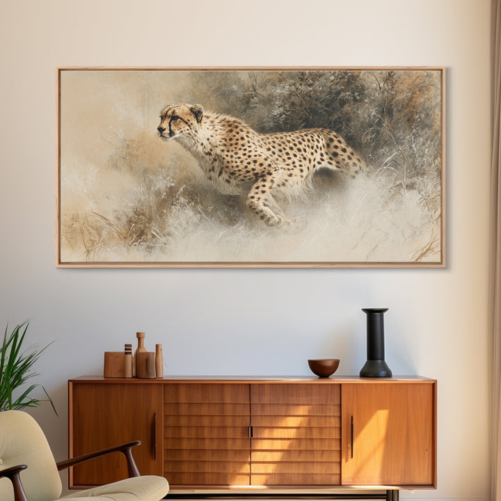 Cheetah Running Through Warm Dust Canvas Print, Wildlife Art, Contemporary Art, Living Room Decor, Wild, Wall Art Print, WIL-2x1-41