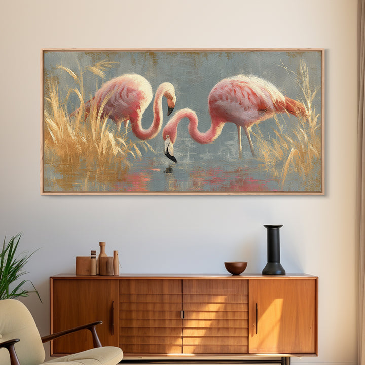 Flamingos in Pink Shallow Water Framed Canvas Print, Wildlife Art, Statement Artwork, Living Room Decor, Fine Art, Wild, WIL-2x1-42