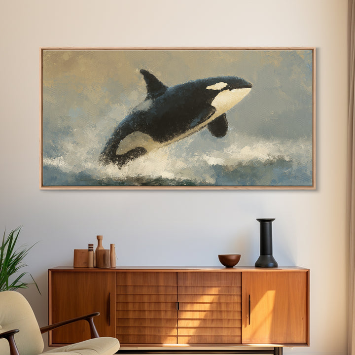 Orca Breaching in Cold Ocean Framed Canvas Print, Wildlife Art, Wall Hangings, Living Room Decor, Oil Painting, Wild, WIL-2x1-43