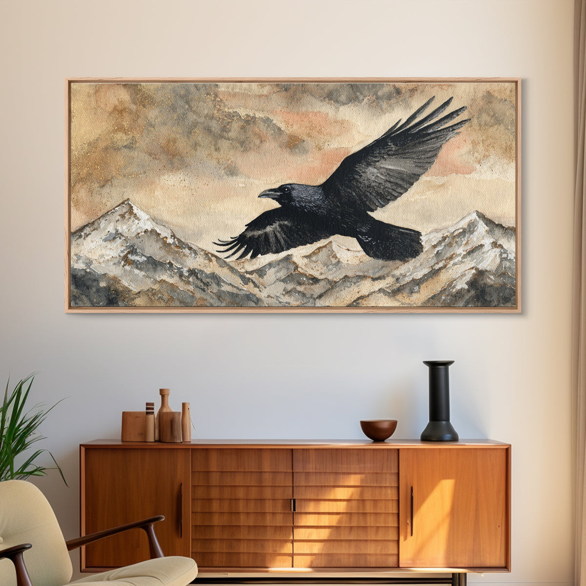 Raven Flying Through Snowy Mountains Canvas Print, Wildlife Art, Textured Painting, Living Room Decor, Fine Art, Wild, WIL-2x1-44