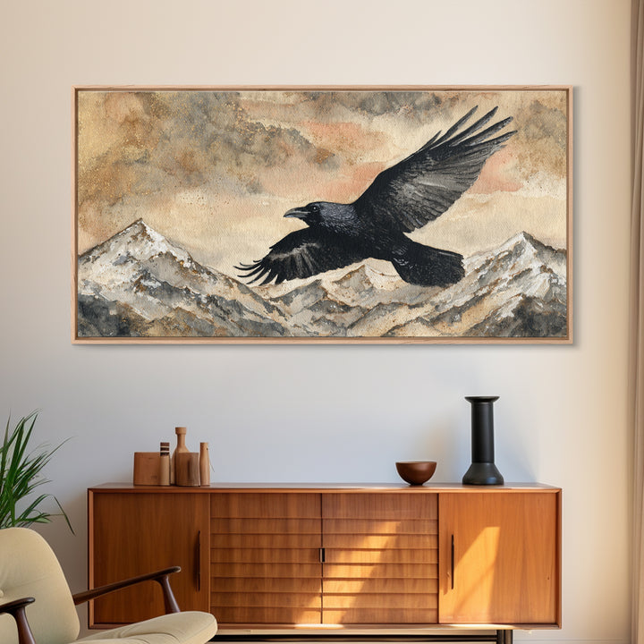 Raven Flying Through Snowy Mountains Canvas Print, Wildlife Art, Textured Painting, Living Room Decor, Fine Art, Wild, WIL-2x1-44