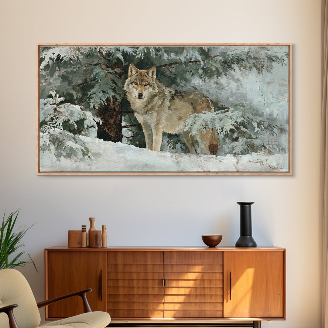 Wolf Standing Beneath Snowy Pine Trees Canvas Print, Wildlife Art, Wall Art Print, Living Room Decor, Oil Painting, Wild, WIL-2x1-47