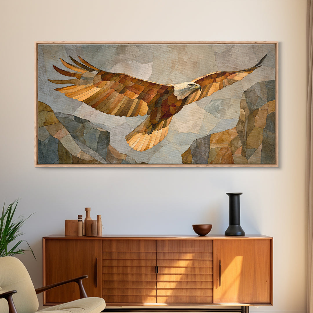 Eagle Soaring Above Rocky Cliffs Framed Canvas Print, Wildlife Art, Minimalist Decor, Living Room Decor, Fine Art, Wild, WIL-2x1-50