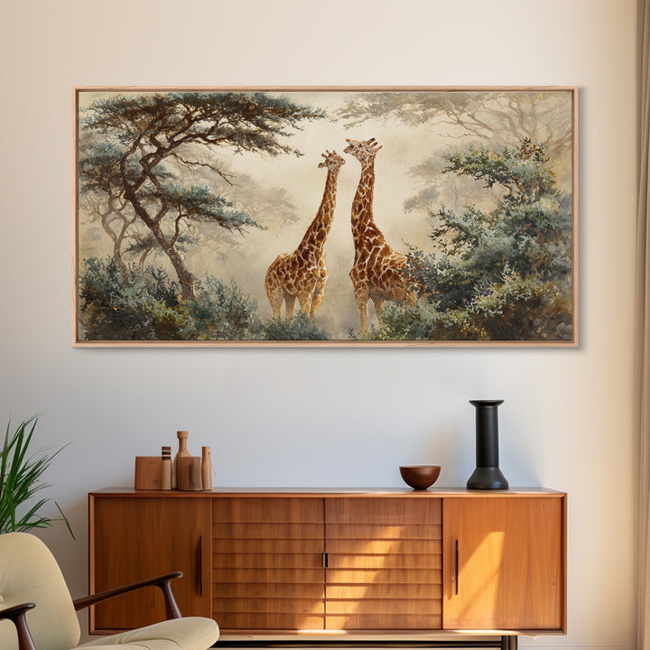 Giraffe Pair under Acacia Tree Framed Canvas Print, Wildlife Art, Modern Wall Art, Living Room Decor, Watercolor Art, Wild, WIL-2x1-51