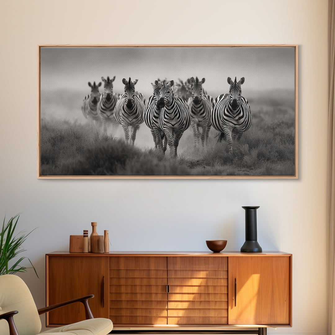 Zebra Herd in Graphic Black and White Framed Canvas Print, Wildlife Art, Boho Wall Decor, Living Room Decor, Fine Art, Wild, WIL-2x1-55