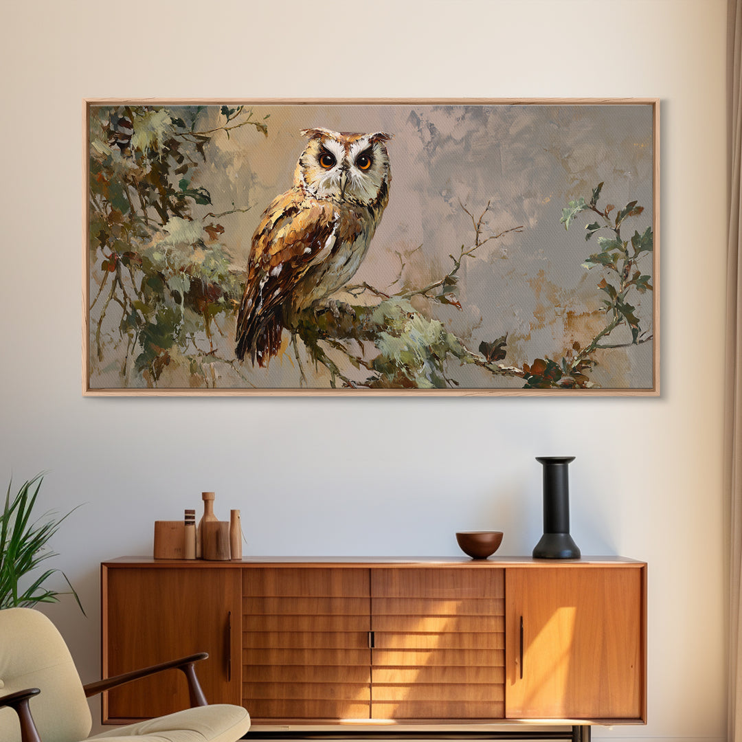 Owl Perched in Moonlit Woodland Framed Canvas Print, Wildlife Art, Wall Hangings, Living Room Decor, Fine Art, Wild, Bird Art, WIL-2x1-56