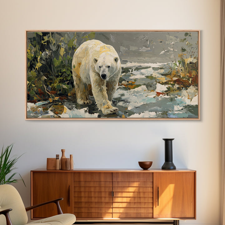 Polar Bear Crossing Blue Ice Framed Canvas Print, Wildlife Art, Landscape Art, Living Room Decor, Watercolor Art, Wild, WIL-2x1-59