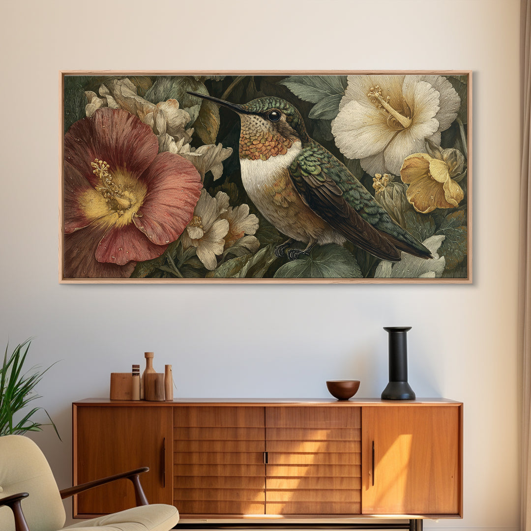 Hummingbird Beside Bright Flowers Framed Canvas Print, Wildlife Art, Oil Painting, Living Room Decor, Fine Art, Wild, WIL-2x1-60