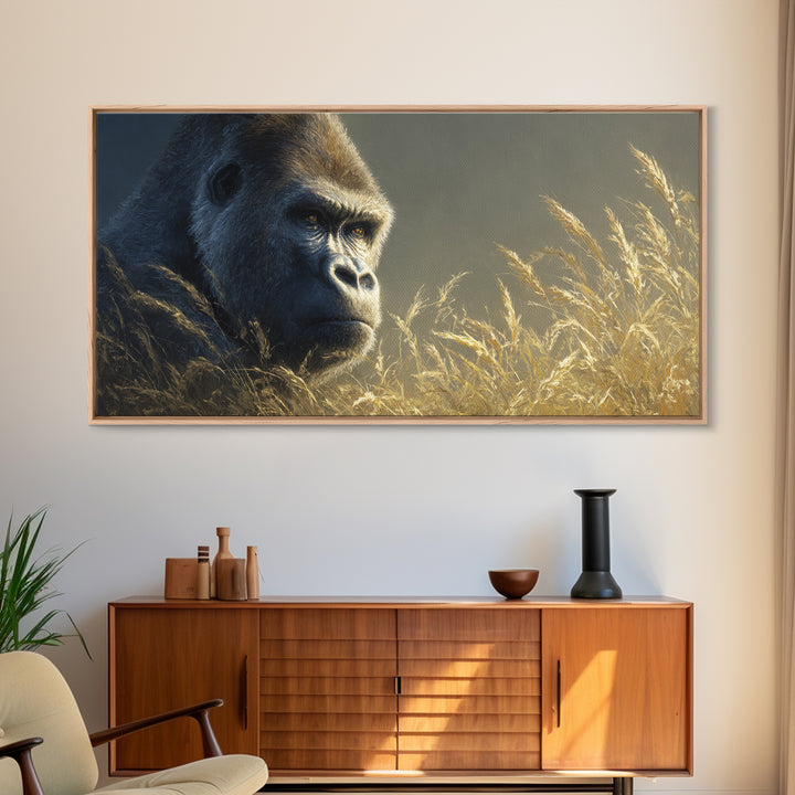 Gorilla Portrait with Powerful Gaze Canvas Print, Wildlife Art, Painting, Living Room Decor, Wild, Living Room Wall Art, WIL-2x1-61