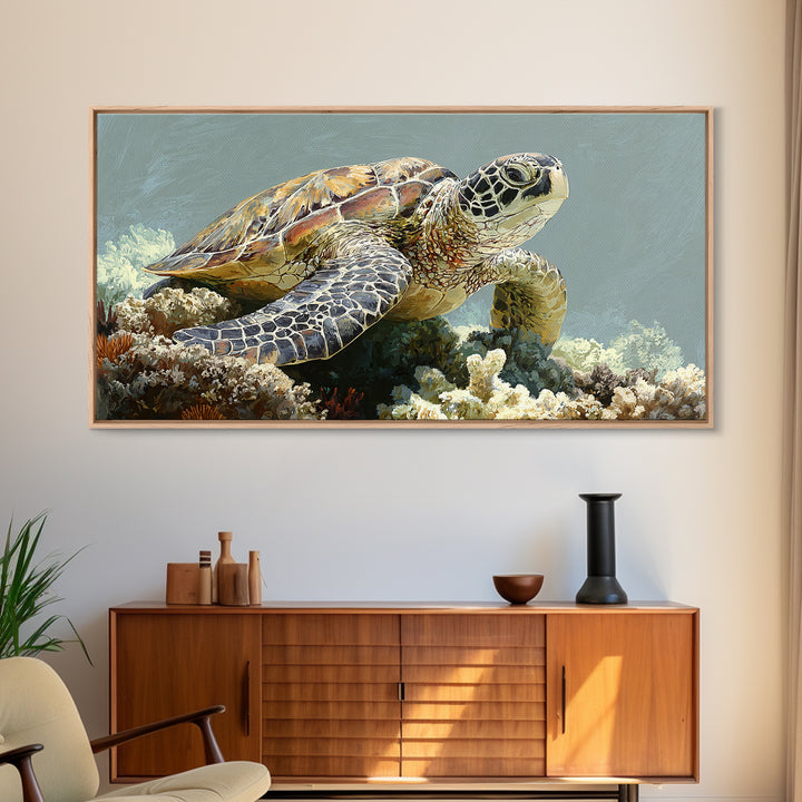 Sea Turtle over Coral Reef Canvas Print, Wildlife Art, Room Decor, Living Room Decor, Oil Painting, Wild, Large Wall Art, WIL-2x1-62