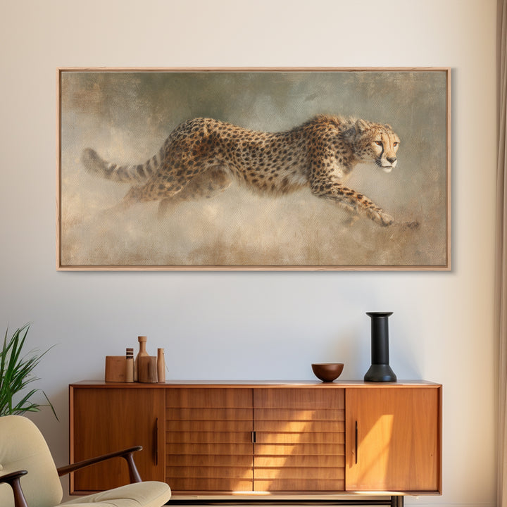 Cheetah Running Through Warm Dust Framed Canvas Print, Wildlife Art, Wall Hangings, Living Room Decor, Abstract Art, Wild, WIL-2x1-65