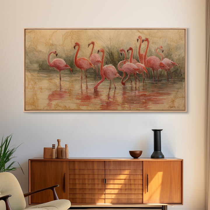 Flamingos in Pink Shallow Water Canvas Print, Wildlife Art, Textured Painting, Living Room Decor, Watercolor Art, Wild, WIL-2x1-66