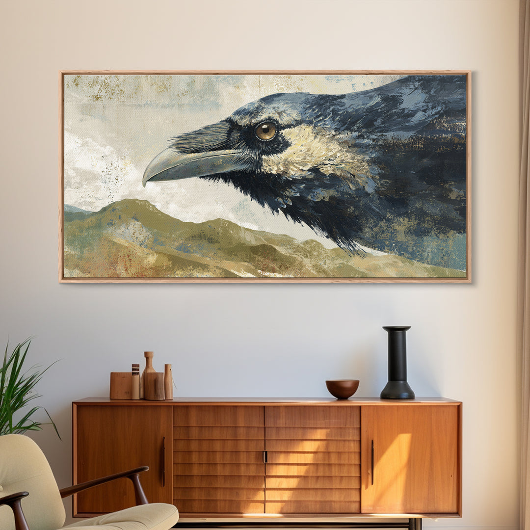 Raven Flying Through Snowy Mountains Canvas Print, Wildlife Art, Large Wall Art, Living Room Decor, Wild, Landscape Art, WIL-2x1-68
