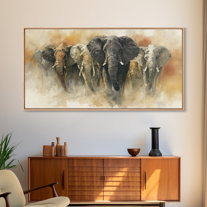 Elephant Herd Walking Through Dusty Sunset Canvas Print, Wildlife Art, Wall Decor, Living Room Decor, Fine Art, Wild, WIL-2x1-70