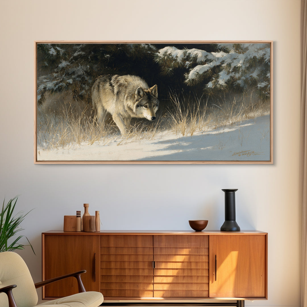 Wolf Standing Beneath Snowy Pine Trees Canvas Print, Wildlife Art, Living Room Art, Living Room Decor, Abstract Art, Wild, WIL-2x1-71