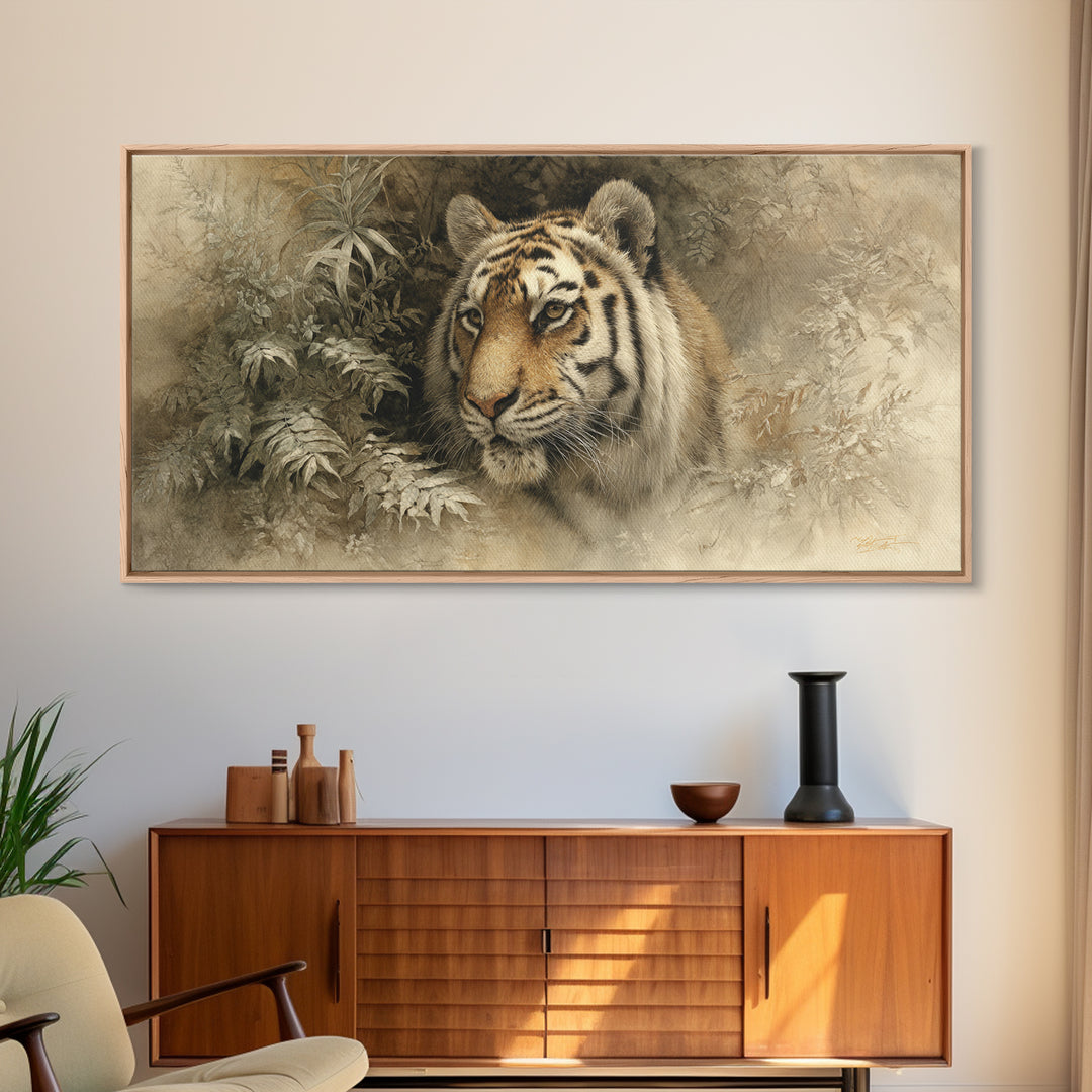 Tiger Portrait with Jungle Shadows Canvas Print, Wildlife Art, Digital Wall Art, Living Room Decor, Fine Art, Wild, Modern Art, WIL-2x1-73