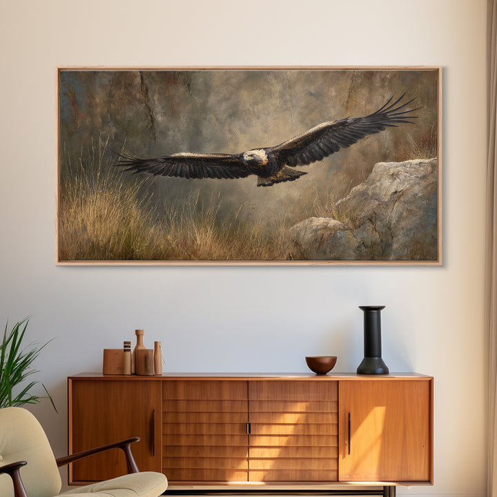 Eagle Soaring Above Rocky Cliffs Canvas Print, Wildlife Art, Living Room Decor, Watercolor Art, Wild, Living Room Wall Art, WIL-2x1-74
