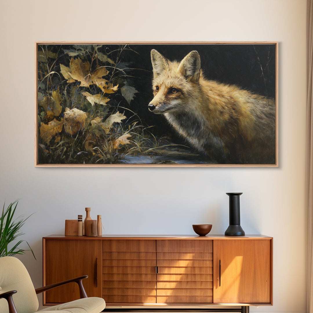 Fox in Autumn Forest Leaves Canvas Print, Wildlife Art, Large Wall Art, Living Room Decor, Fine Art, Wild, Landscape Art, WIL-2x1-77