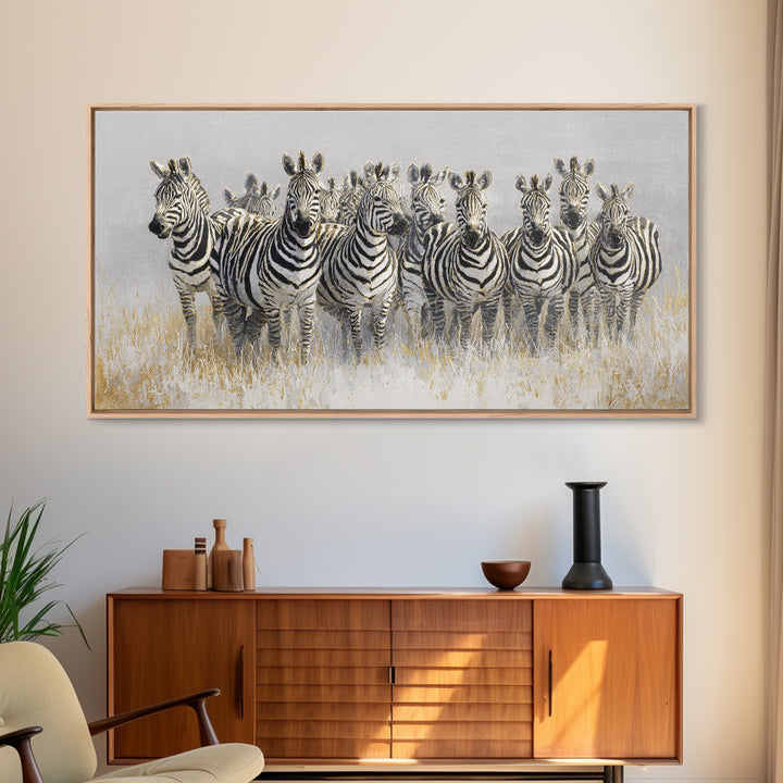 Zebra Herd in Graphic Black and White Framed Canvas Print, Wildlife Art, Bird Wall Art, Living Room Decor, Fine Art, Wild, WIL-2x1-79