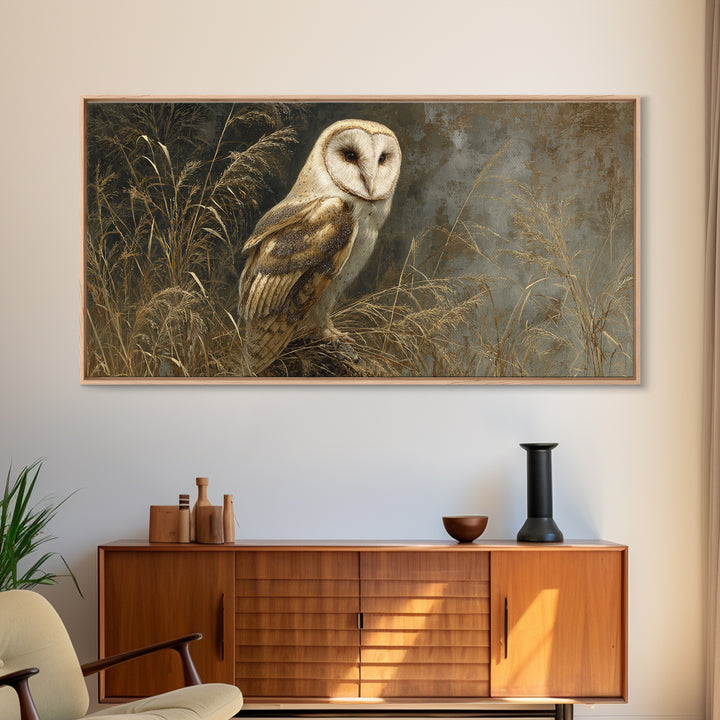 Owl Perched in Moonlit Woodland Framed Canvas Print, Wildlife Art, Living Room Wall Art, Living Room Decor, Fine Art, Wild, WIL-2x1-80